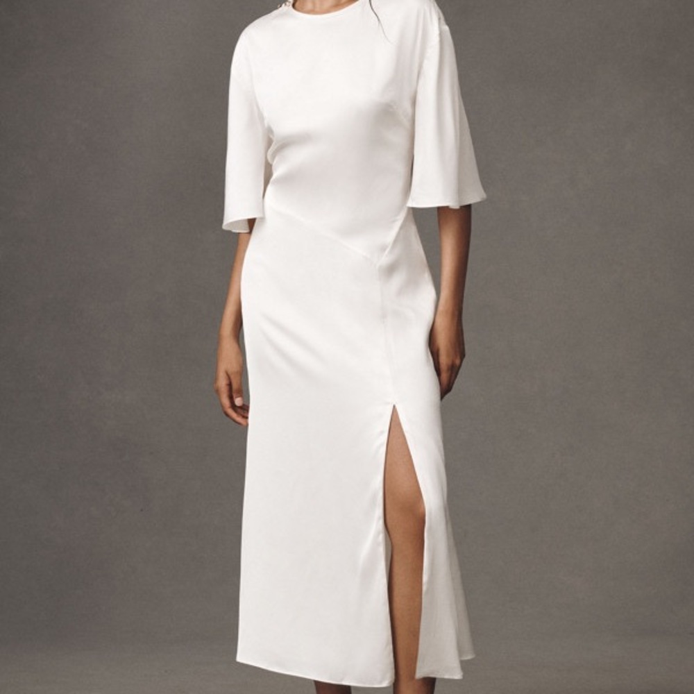 NWT Anthropologie BHLDN SHORT-SLEEVE CREW-NECK SIDE-SLIT SATIN MIDI DRESS